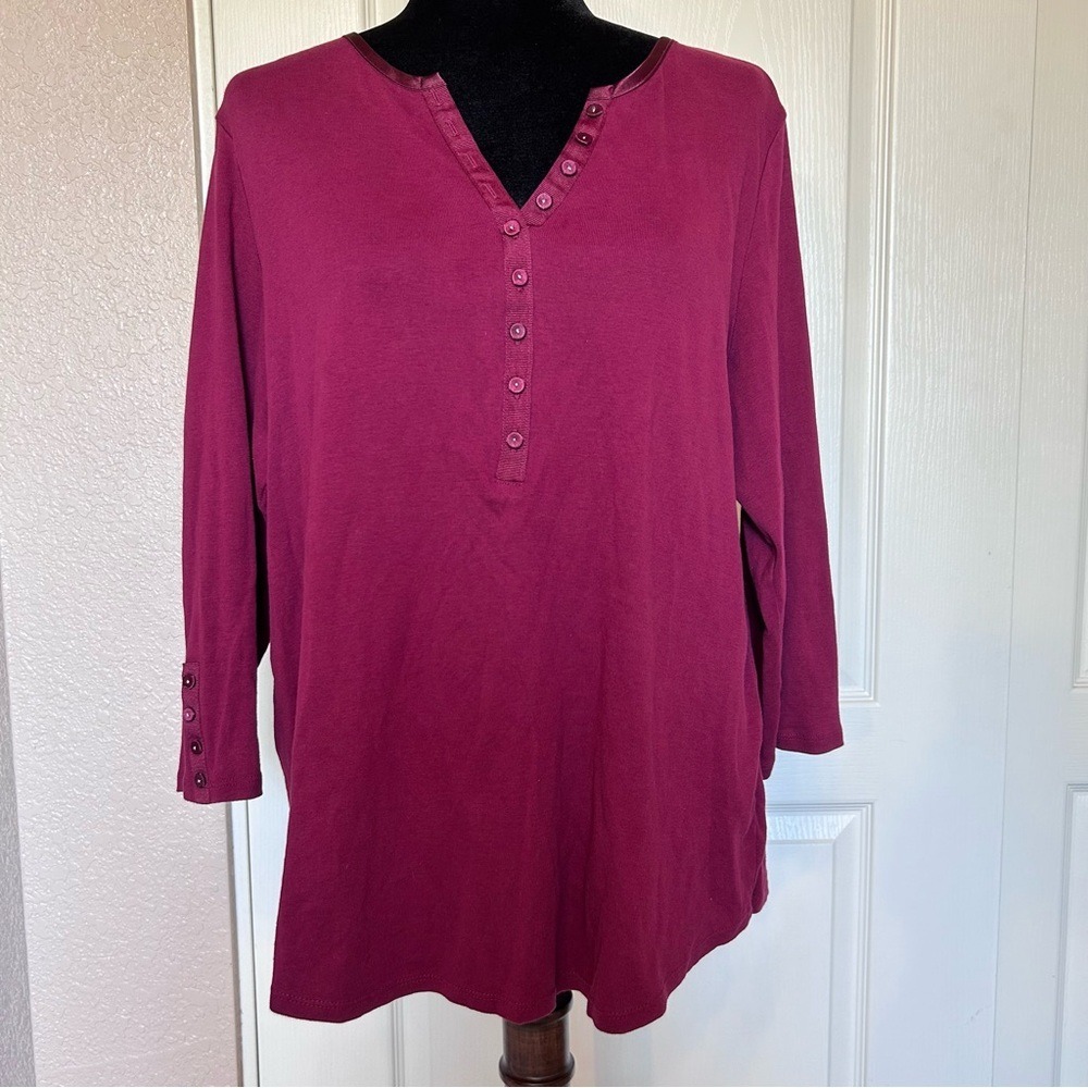 Westport Burgundy 100% Cotton Henley Blouse Shirt Size 2X‎